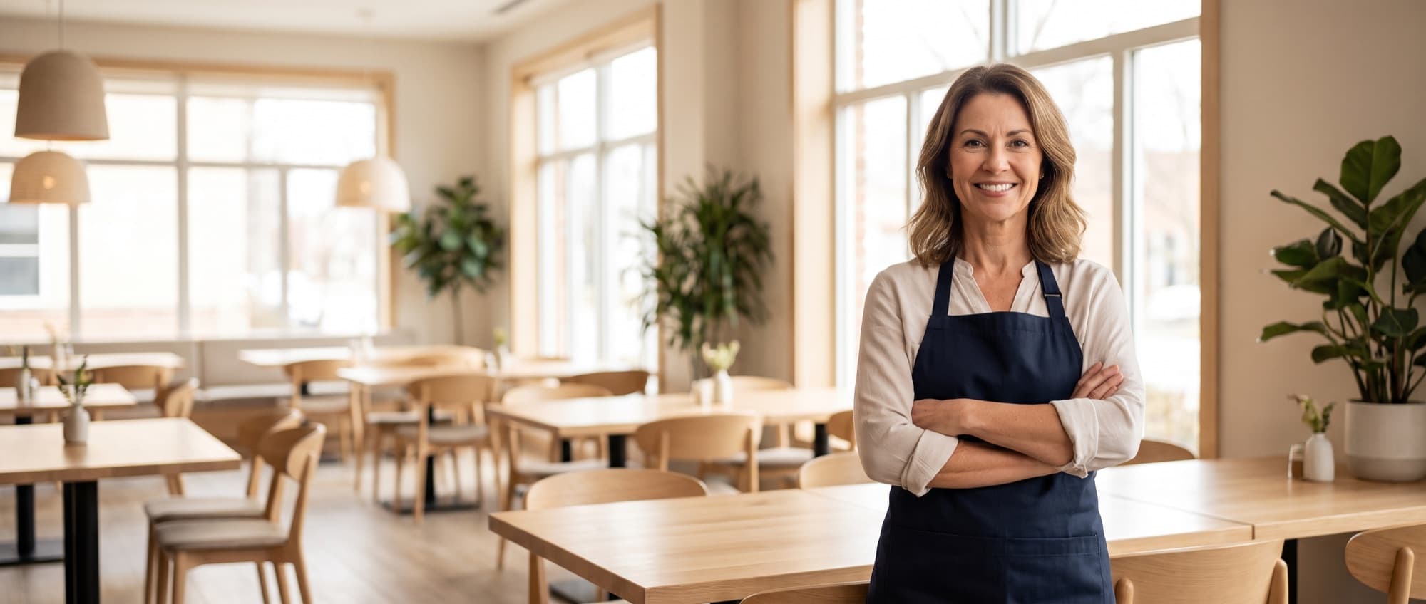 Restauratrice franchisée dans sa salle lumineuse, bras croisés et sourire confiant