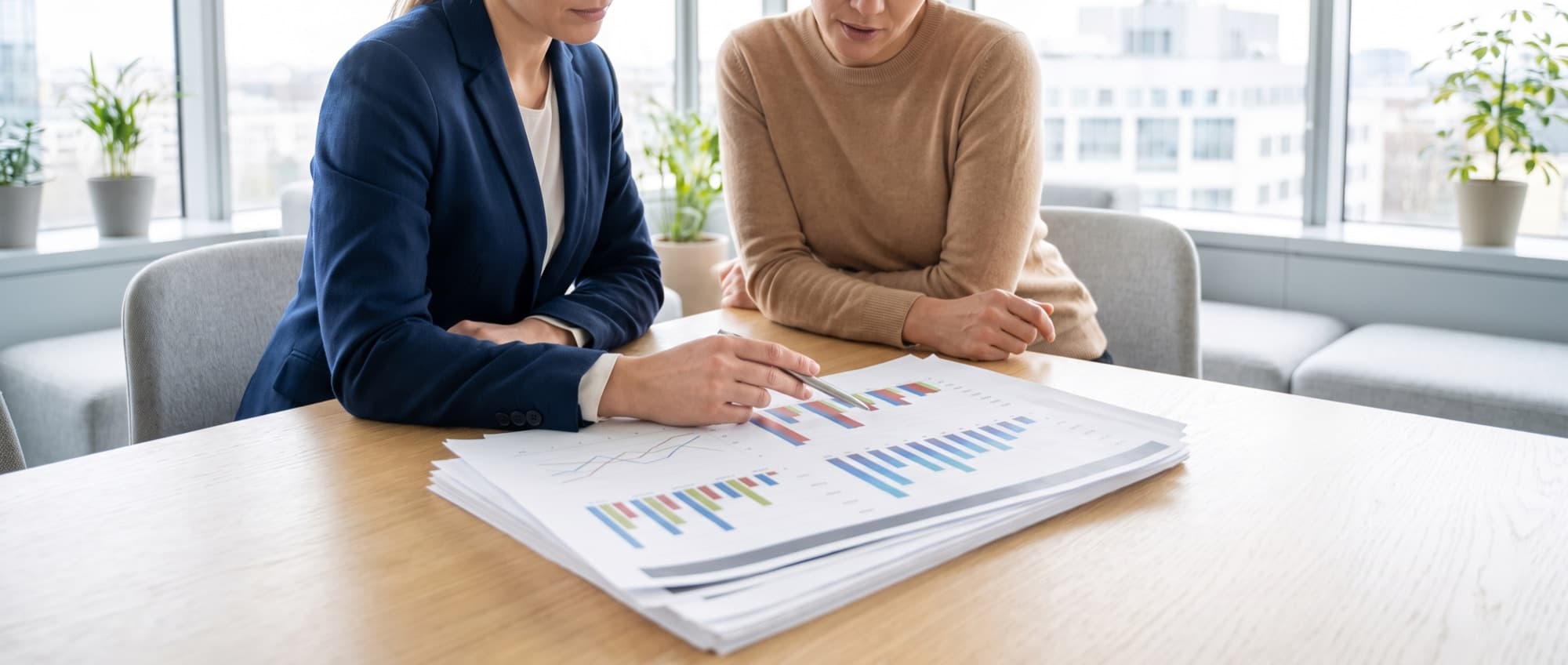 Deux associés analysent les comptes et les graphiques d'un réseau de franchise avant de s'engager